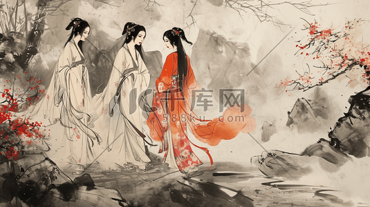 中国风古风红色插画图片_中国风古典艺术美女插画17