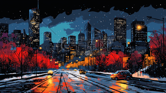 手绘彩色城市夜晚道路的插画1