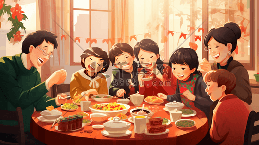 手绘幸福一家人插画图片_手绘中国一家人聚会团圆饭插画14