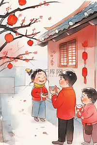 蓝色的裤子插画图片_新年手绘插画庭院外拜年海报