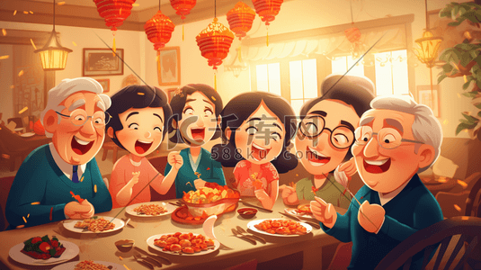 手绘中国一家人聚会团圆饭插画11