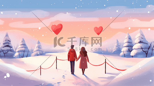 冬季浪漫男女一起牵手的插画1