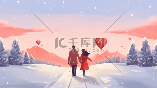 冬季浪漫男女一起牵手的插画3