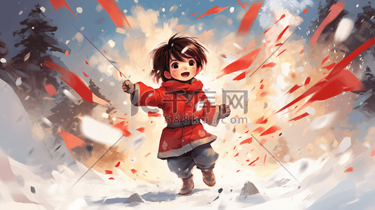 春节小孩放鞭炮插画图片_冬季节日奔跑的小孩
