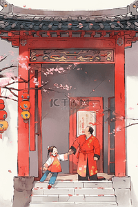 蓝色国风海报插画图片_新年大红门古典手绘插画