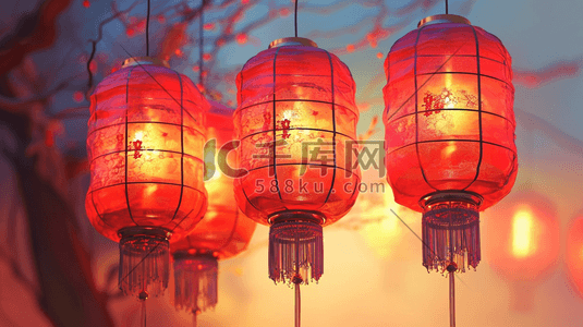 立体窗户插画图片_3D立体红色中国风挂灯笼插画23