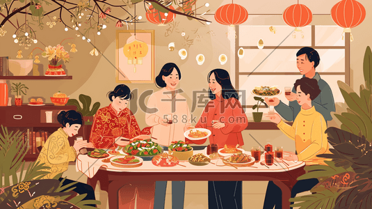 中化美食插画图片_彩色扁平化中国春节团圆饭美食插画24