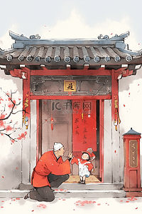 蓝色中国风海报插画图片_古典新年手绘插画大红门