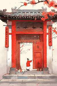 红色的大门插画图片_古典大红门手绘新年插画