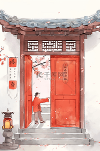 中国风贴春联插画图片_大红门古典新年手绘插画