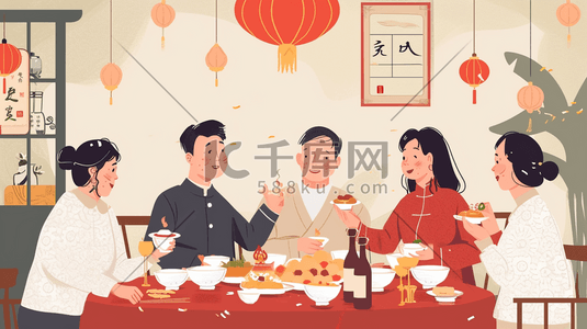 中化美食插画图片_彩色扁平化中国春节团圆饭美食插画22