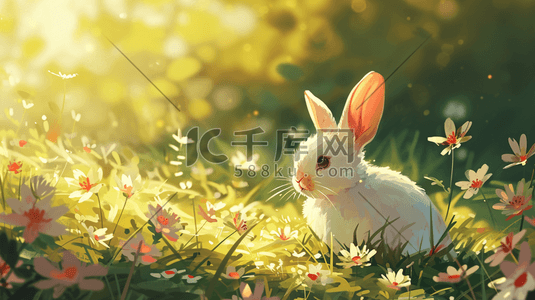 黑种草子插画图片_手绘彩色可爱小兔子在草地上的插画14