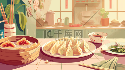 手绘中式蒸饺早餐美味插画1