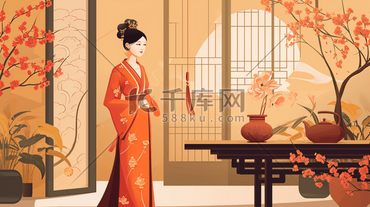 中国风马群插画图片_红色中国风古建筑风景与人物插画21