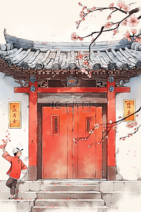 蓝色中国风海报插画图片_古典大红门手绘插画新年