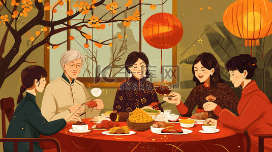彩色扁平化中国春节团圆饭美食插画11