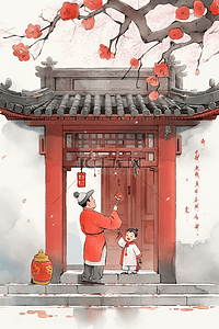 新年蓝色红色插画图片_手绘古典新年大红门插画