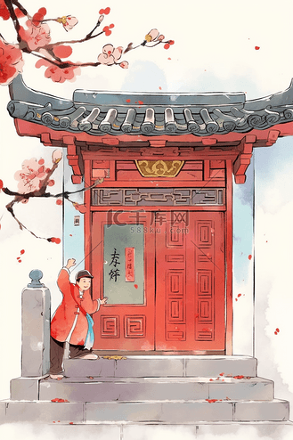 大门高清图片素材_古典手绘新年大红门插画