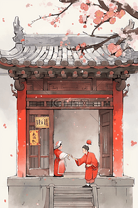 手绘对联插画图片_插画古典新年大红门手绘