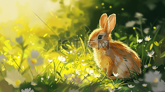 手绘彩色可爱小兔子在草地上的插画9