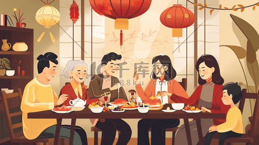 中化美食插画图片_彩色扁平化中国春节团圆饭美食插画32