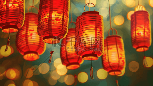 中国风红色窗户插画图片_3D立体红色中国风挂灯笼插画14