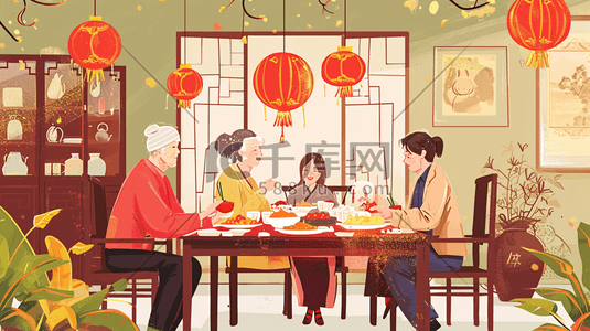 彩色扁平化中国春节团圆饭美食插画30