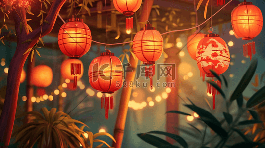 3D立体红色中国风挂灯笼插画15
