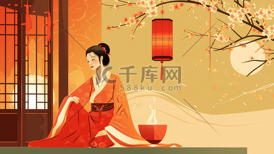 红色古典纹插画图片_红色中国风古建筑风景与人物插画11