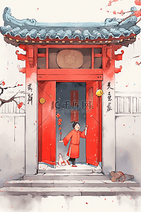 蓝色中国风海报插画图片_古典新年手绘大红门插画