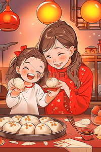 插画新年母子俩包饺子手绘海报