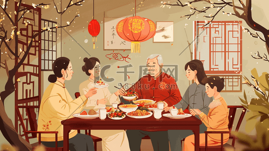 彩色扁平化中国春节团圆饭美食插画31