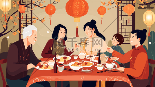 彩色扁平化中国春节团圆饭美食插画10