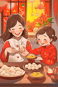 母子俩包饺子手绘插画海报新年