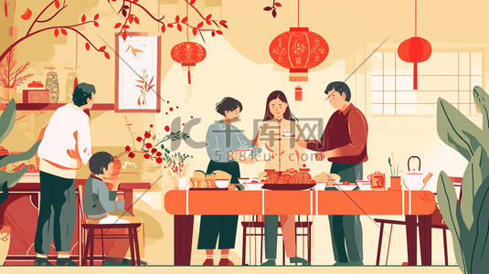 中化美食插画图片_彩色扁平化中国春节团圆饭美食插画12