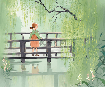 春天公园桥木头柳树女孩绿色自然户外插画