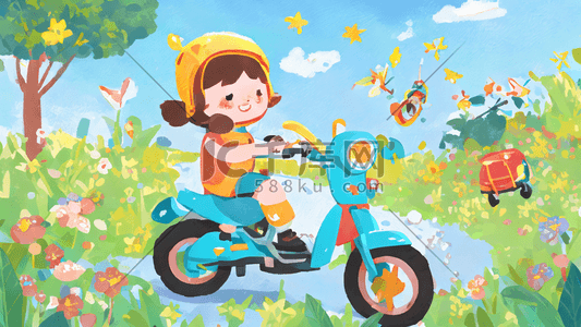 女孩骑摩托户外草地野花天空风景插画素材