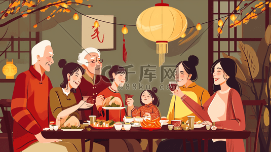 彩色扁平化中国春节团圆饭美食插画8