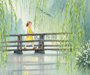 小木头凳子插画图片_春天公园桥木头柳树女孩绿色自然户外插画素材