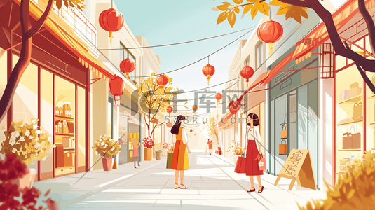 门店门头照插画图片_扁平化彩色女生逛商店的插画23