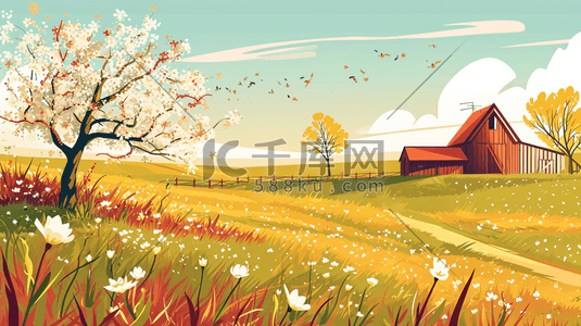 牧场插画图片_手绘彩色牧场房屋风景插画19