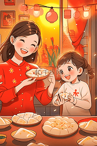 卡通背景装饰插画图片_新年母子俩包饺子手绘海报插画