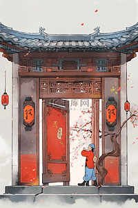 中国风贴春联插画图片_古典插画新年大红门手绘