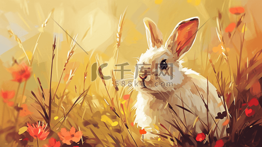 手绘彩色可爱小兔子在草地上的插画27
