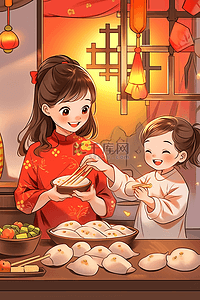 卡通背景装饰插画图片_包饺子新年母子俩手绘插画海报