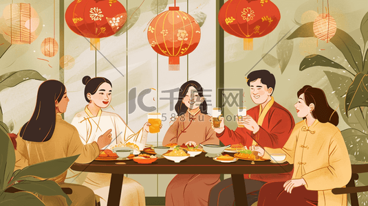 彩色扁平化中国春节团圆饭美食插画14