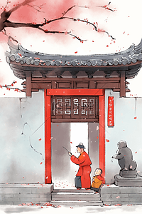 蓝色中国风海报插画图片_古典大红门新年手绘插画