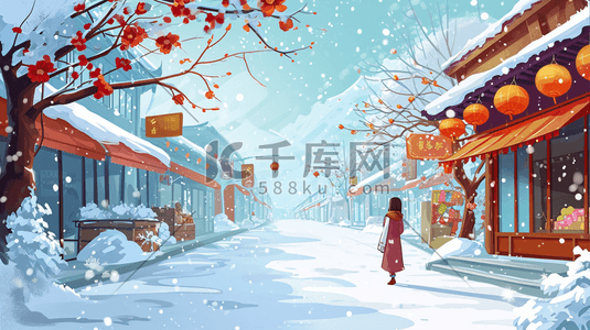 彩色冬季寒冷雪景唯美插画9