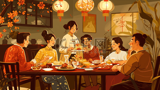 彩色扁平化中国春节团圆饭美食插画3