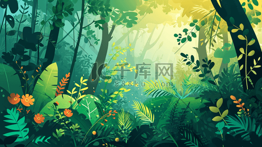绿色小花草地插画图片_手绘绿色森林风景插画1